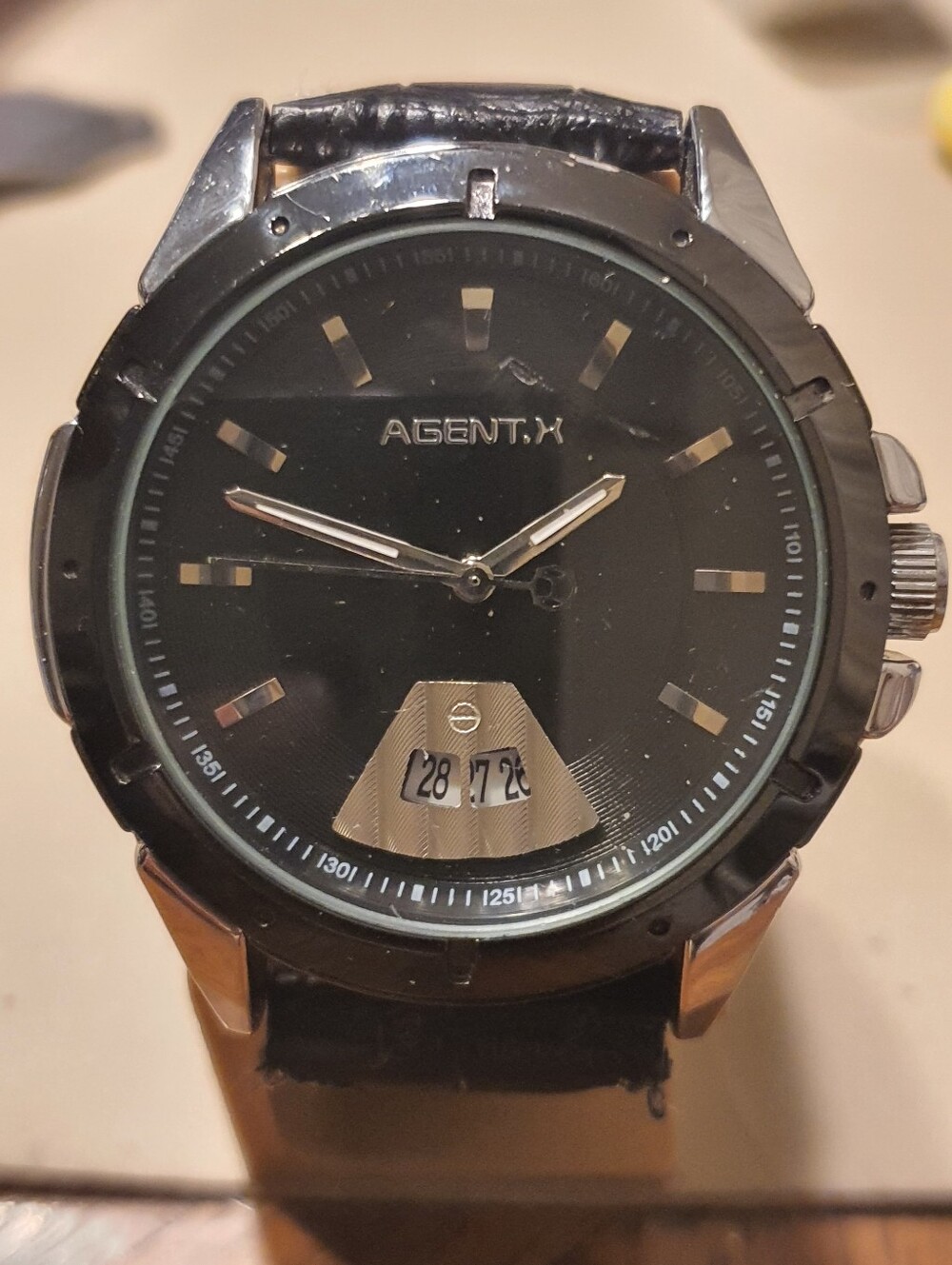 Agent-X Silver/Black Leather Men's Watch w/Date